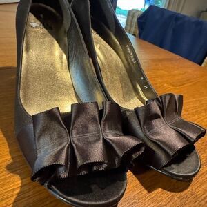 Stuart Weitzman Brown Satin Peep-Toe Heels with Ruffle